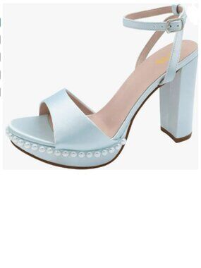 FYS Blue Platform Open Toe Sandals Ankle Strap Chunky High Heels Pearl Shoes